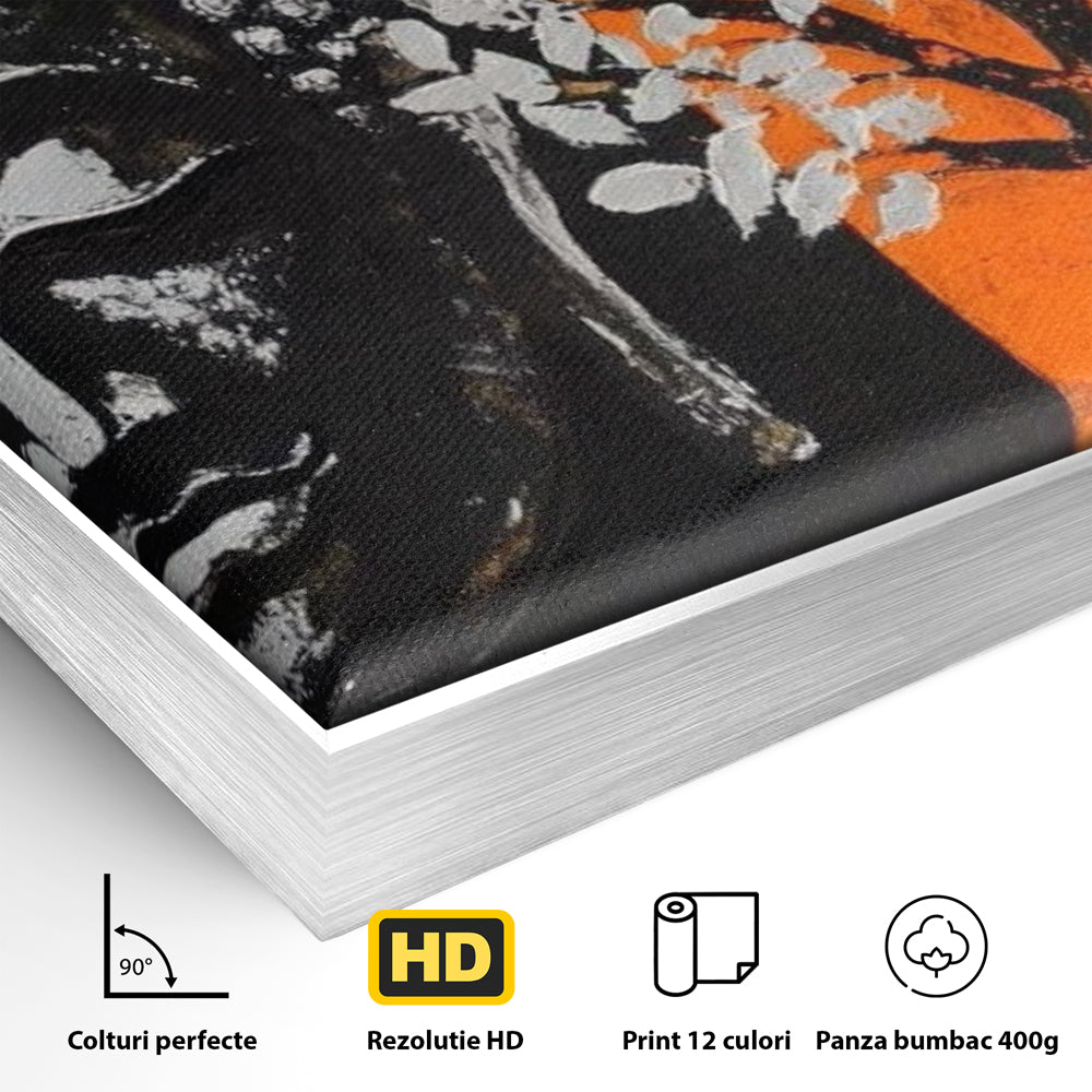 Detaliu al suprafetei: tablou canvas cu capul lui buddha si un copac, in rama de aluminiu argintiu